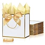 SHIPKEY 10 PCS White Gift Bags (GoldTrim), 7.4x2.8x5.9 Small Welcome Bag, Luxury Shopping Bags with Ribbon Handle and Bows (18.8x7x14.8cm)