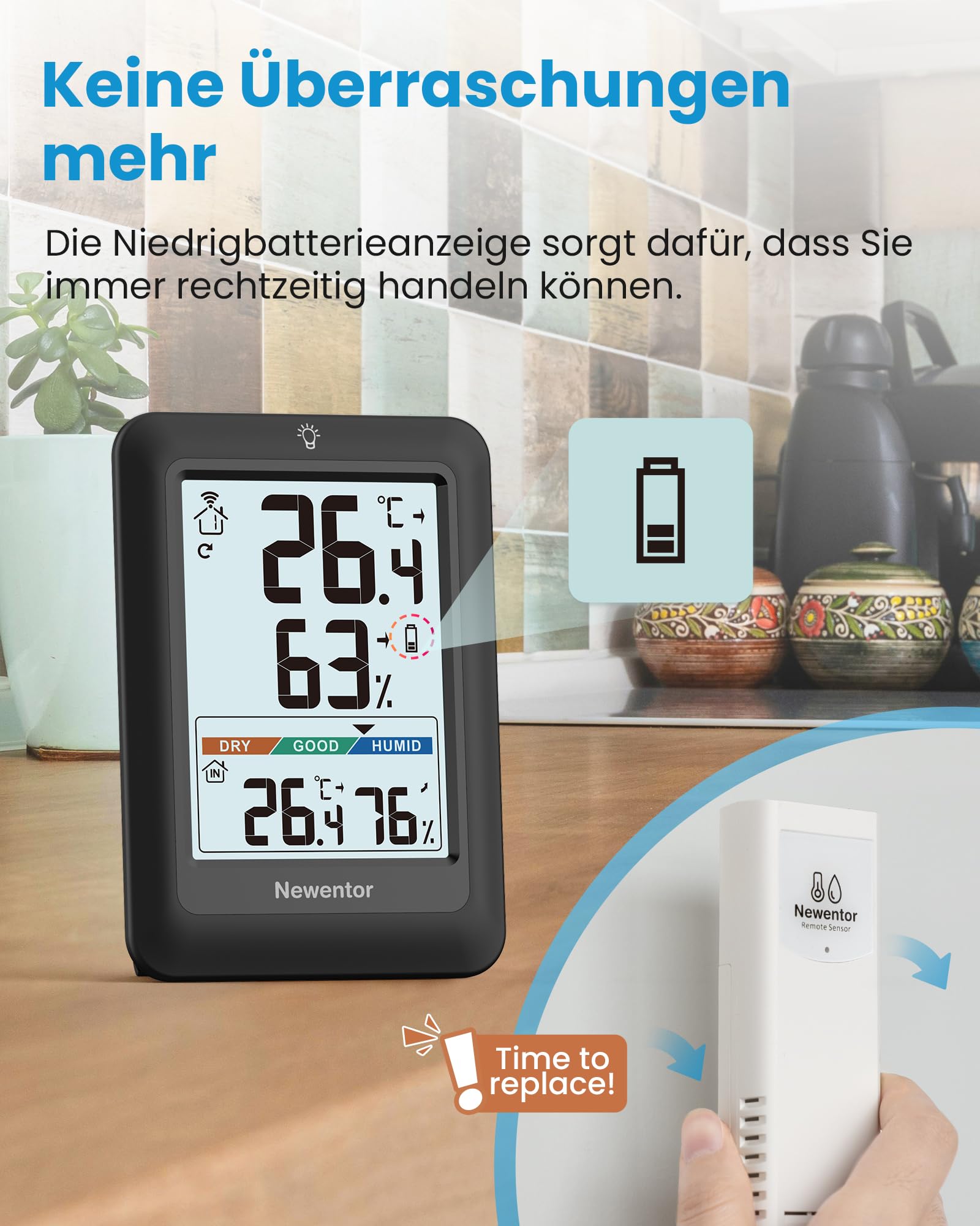 Newentor MAX MIN Thermometer innen außen 24/48 Std./alle Zeiten - Hygrometer Innen mit Luftkomfort - Wetterstation Funk mit Außensensor - Raumthermometer mit Beleuchtung, Schwarz, 1*Außensensor