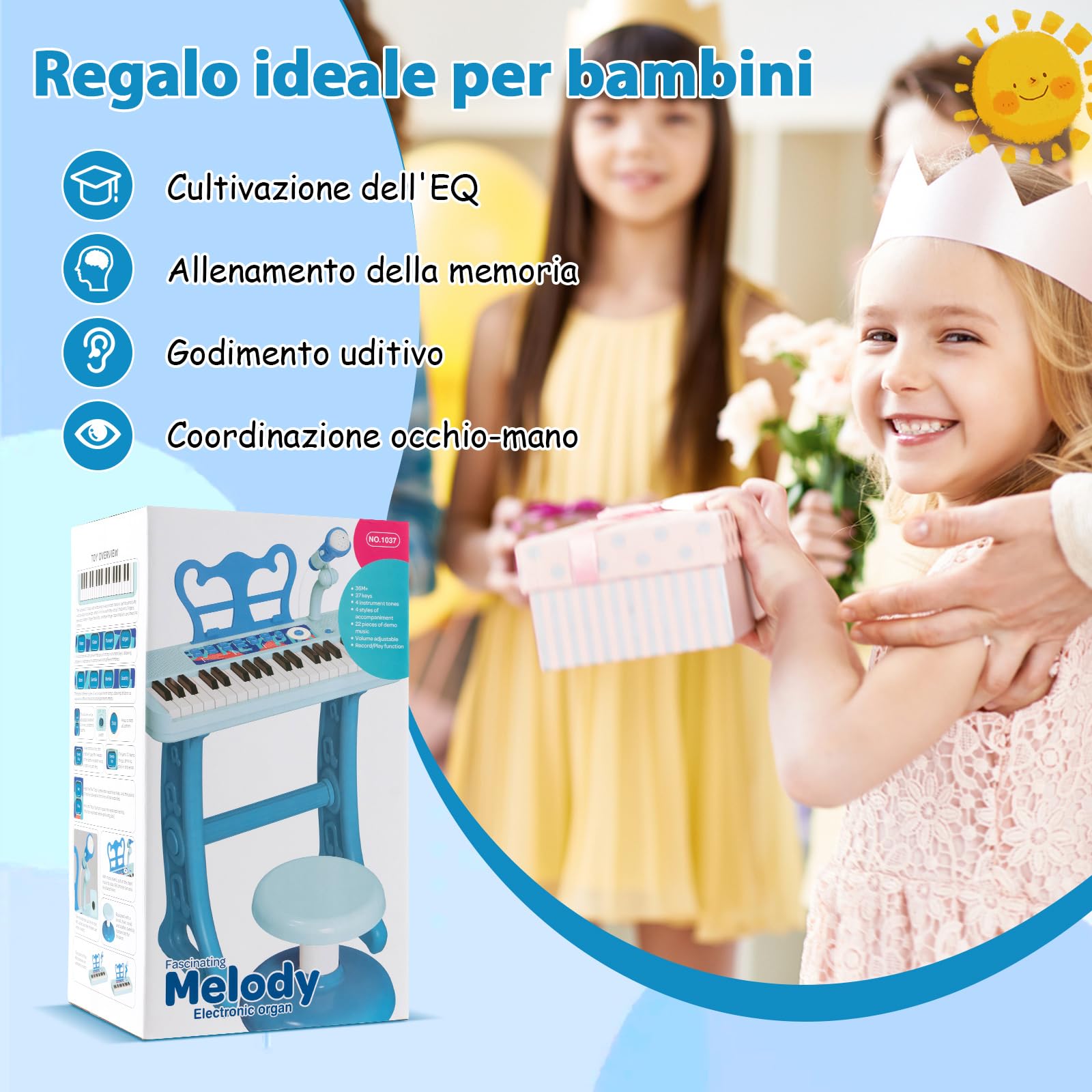 COSTWAY Set Pianoforte Digitale 37 Tasti per Bambini, Tastiera Elettronica con Microfono Regolabile, Leggio Rimovibile,Strumento Musicale Elettronico per Bambini di 3+ Anni (Blu)