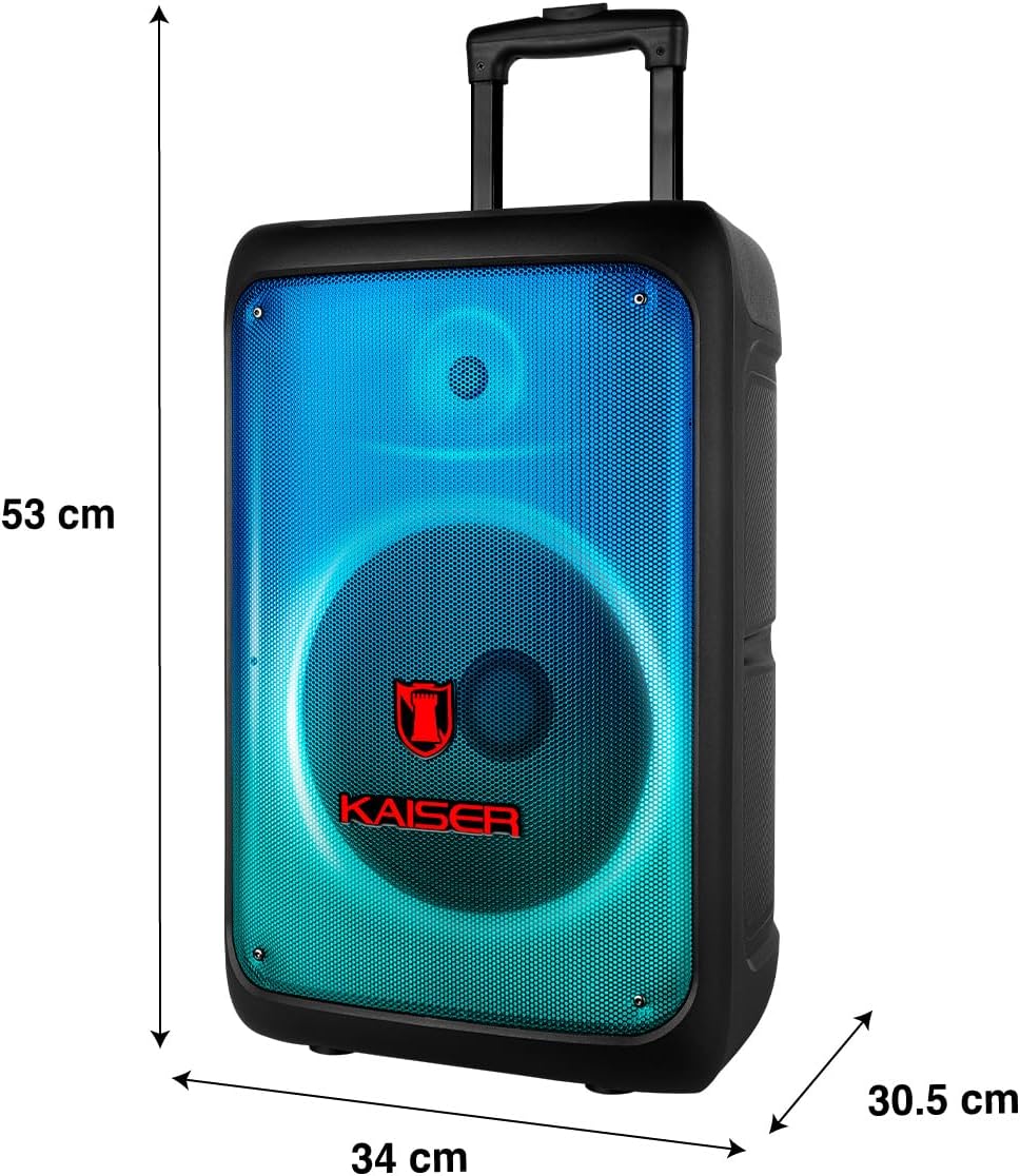 Dimensions diagram for the Kaiser KSW-3012 speaker, showing 53 cm height, 34 cm width, and 30.5 cm depth.