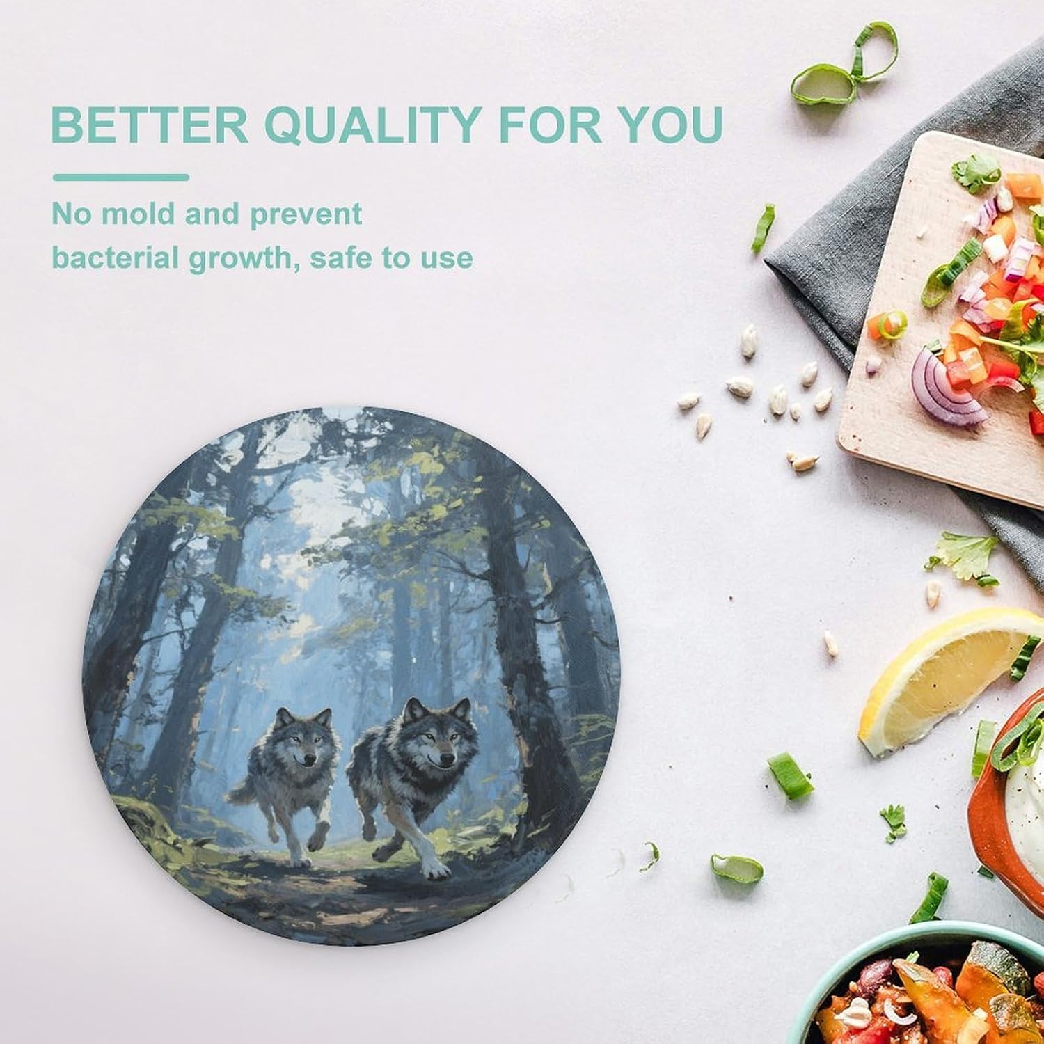 Wolf Forest Chopping Block Tempered Glass Cutting Board Mats Round Countertop Cutting Boards Small Charcuterie Boards Bar Cheese Board Snack Tray