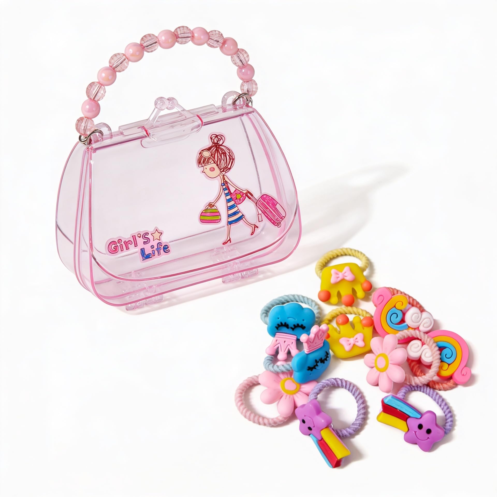Lefan Transparent Pink Handbag for Girls with 10 Cute Hair Ties | Mini Beaded Handle Purse for Kids | Fashion Pretend Play Toy Bag | Gift Set for Toddlers & Girls 2-8 Years-image-9