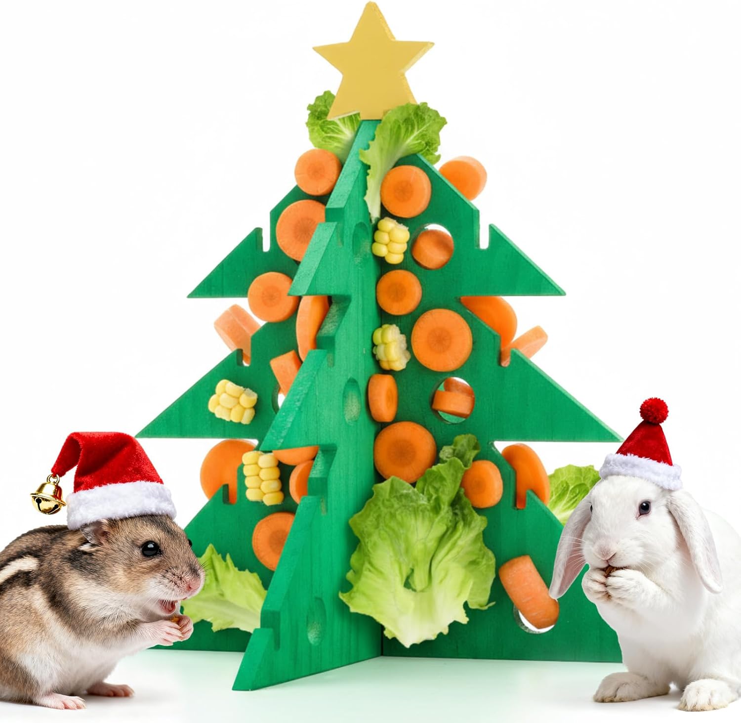 Geelin Rabbit Foraging Toy Christmas Tree Shaped Guinea Pig Toy Bunny Vegetable Hay Feeder Xmas Tree Small Pet Interactive Accessories for Guinea Pig Rabbit Bunny