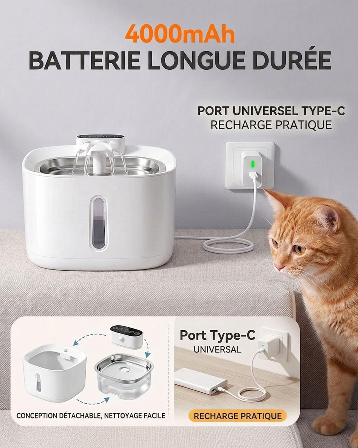 3,2L Fontaine à Eau pour Chat sans Fil Rechargeable 4000mAh, 3 Modes Intelligents, Détecteur de Mouvement, Filtration Avancée, Silencieux Fontaine à Eau Automatique, Filtre 5 Étapes, sans BPA