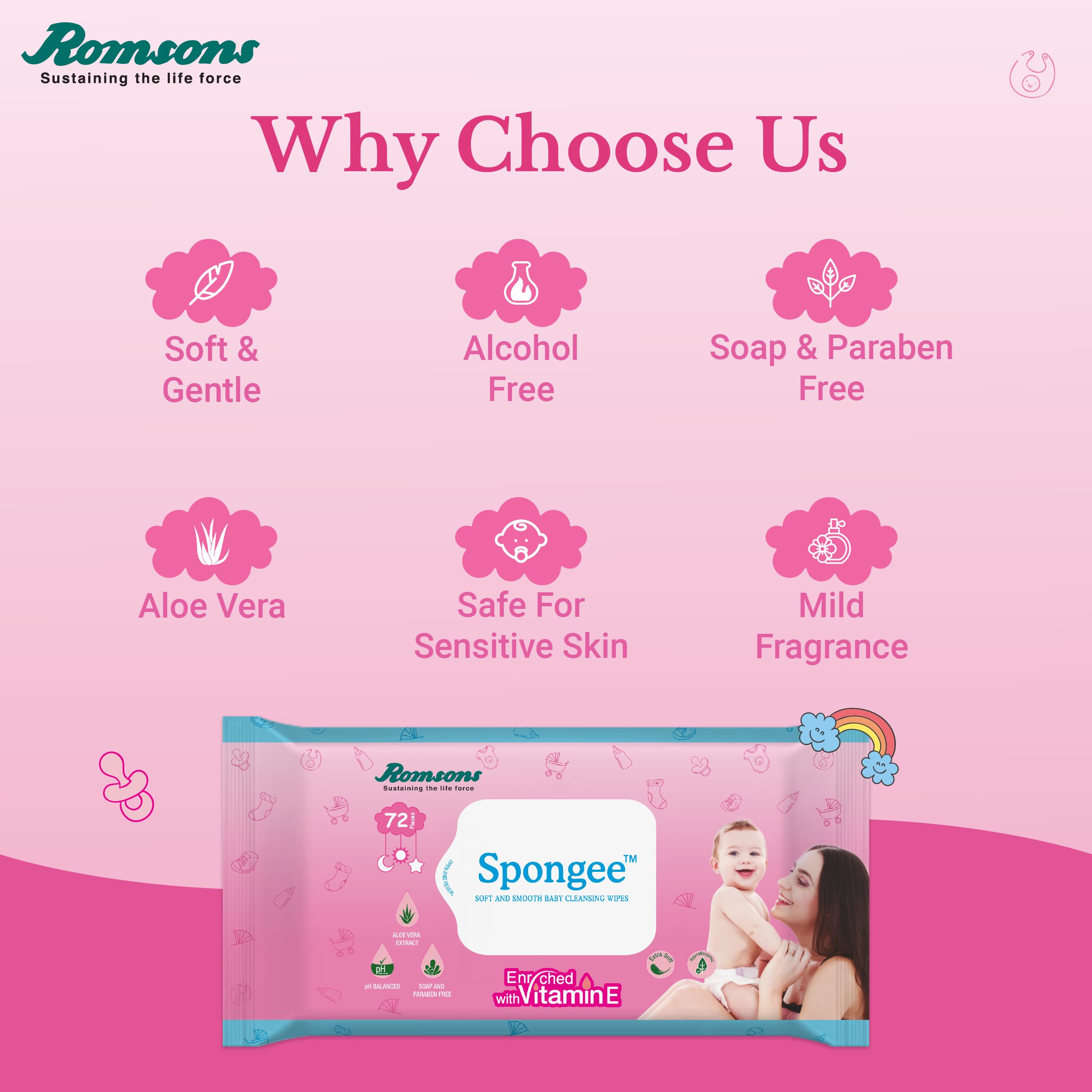 Dignity Spongee Soft and Smooth Baby Cleansing Wet Wipes with Aloe Vera Extract, 150x200 mm (Pack of 6) 432 Wipes - Image 5 thumbnail