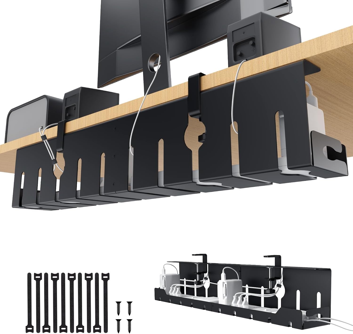 KEEGH Under Desk Cable Management Tray 32 in, Metal Cable Holder, Black
