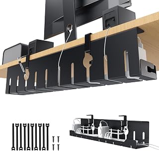 KEEGH Under Desk Cable Management Tray 32 in, Metal Cable Holder, Black | Open Frame Cable Raceways, No Drill Clamp/Screw Mount, Cord Organizer for Home Office & Standing Desk