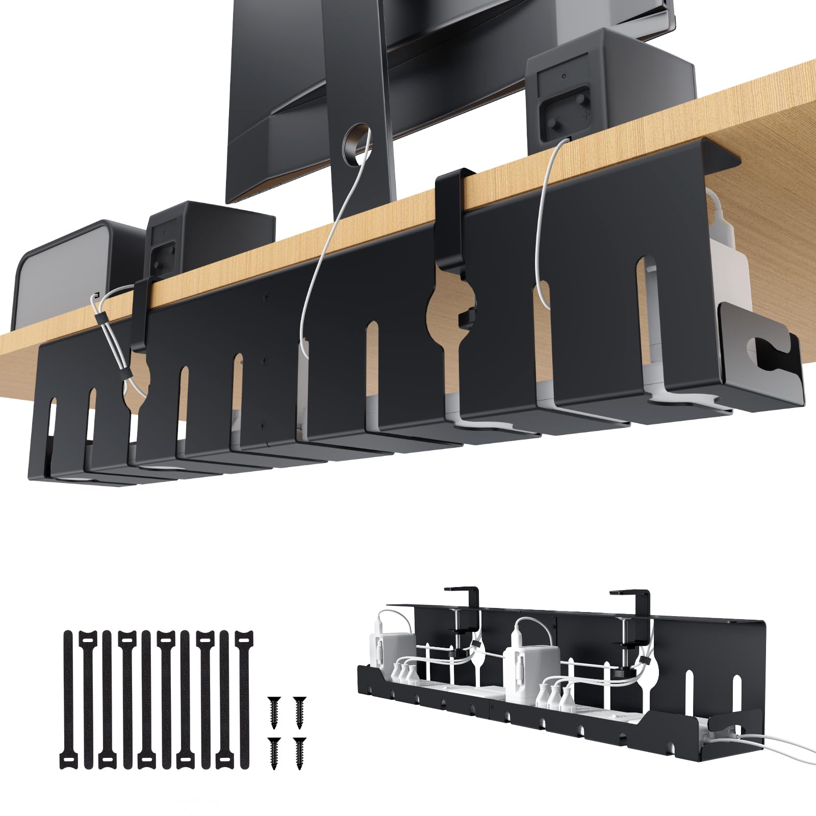 KEEGH Under Desk Cable Management Tray 32 in, Metal Cable Holder, Black