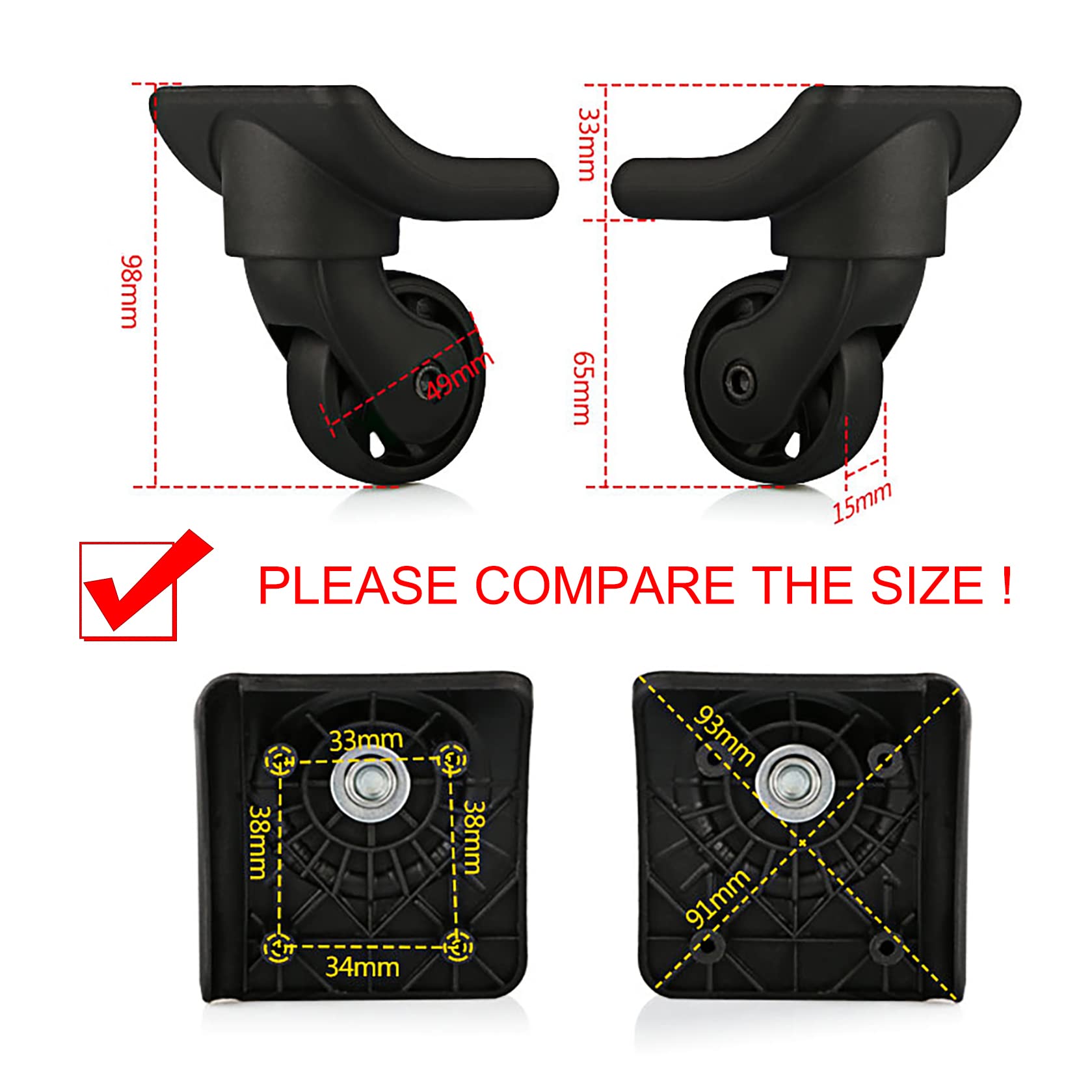 2 paires Roue de Remplacement Valise Paire de Roues de Rechange pour les Bagages Roulette Valise Remplacement avec 4 Trous de Vis(W149)