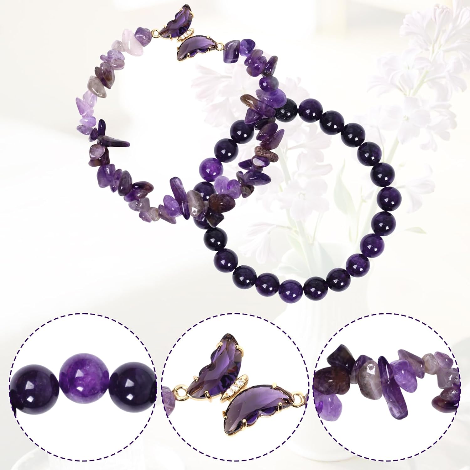HOVEOX Crystal Bracelet for Women Butterfly Bracelet for Women Ladies Healing Beads Stone Jewelry Ladies Layered Amethyst Butterfly Crystal Jewelry Gifts - Image 3