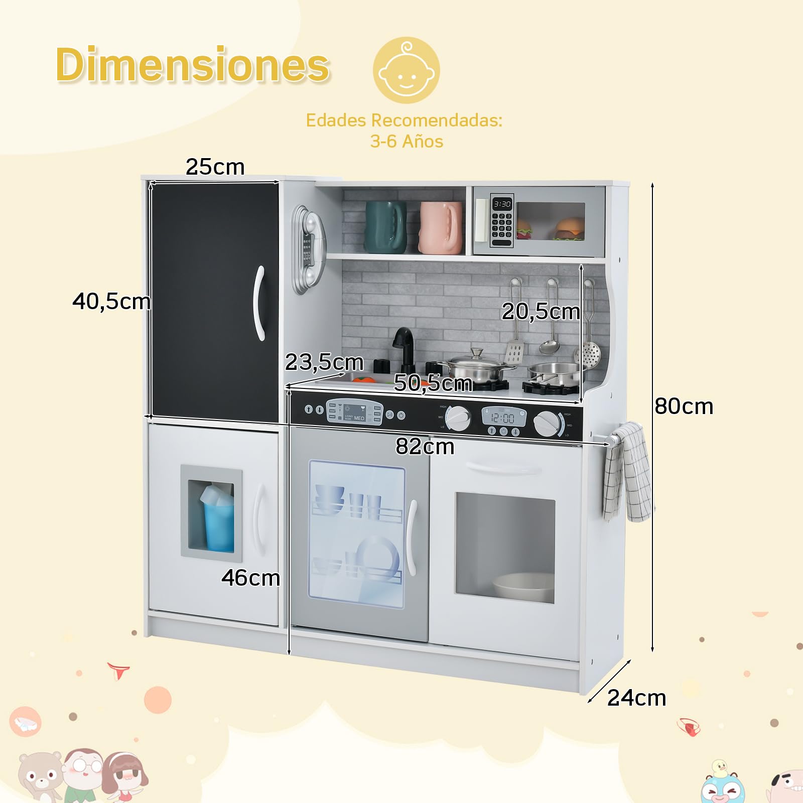 RELAX4LIFE Cocina Juguete con Pizarra, Sonidos Reales, Teléfono, Estufas, Lavavajillas, Máquina de Hielo y Horno, Cocinita Infantil con Accesorios Completos para Niños 3-6 Años (Blanco)