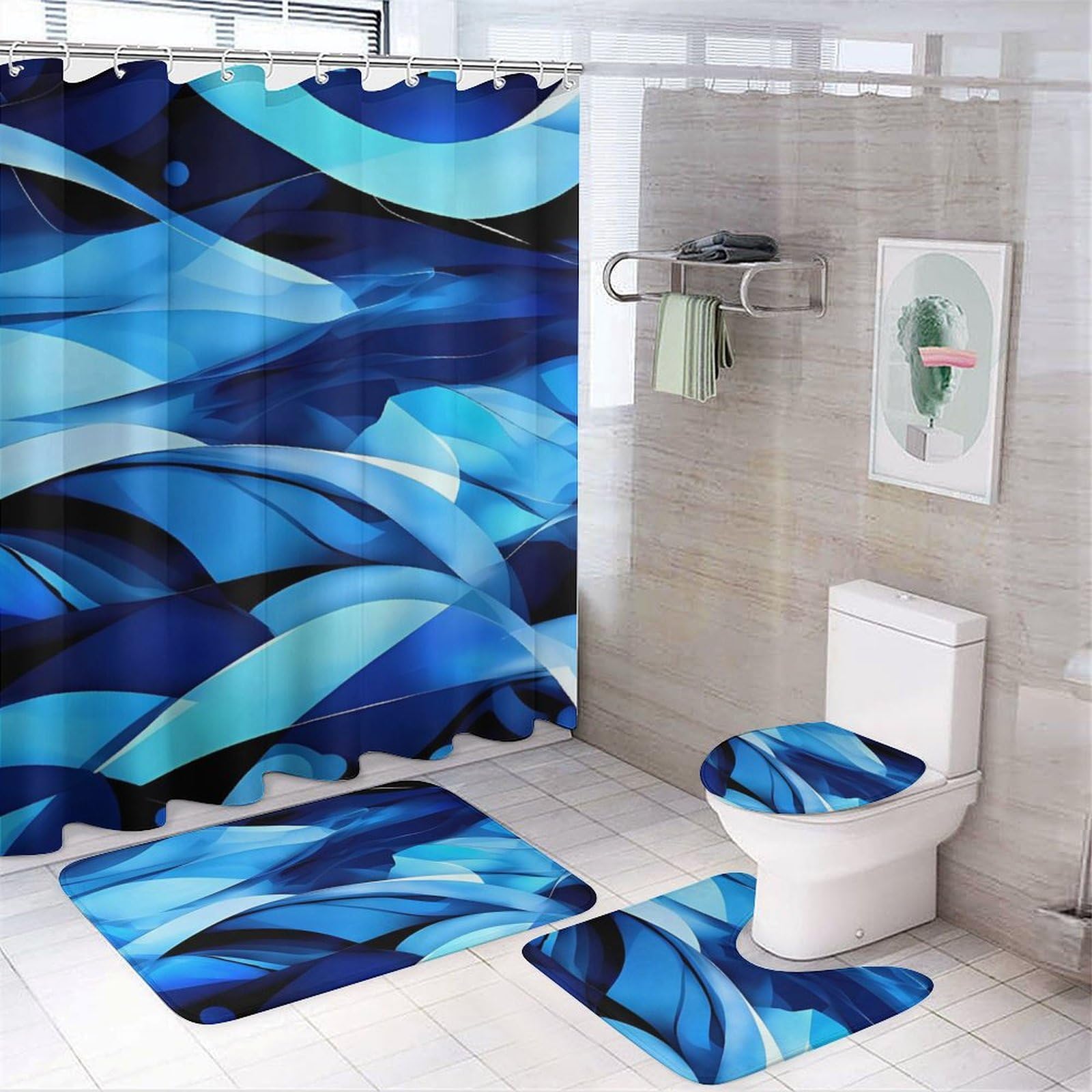 Tapis de douche antidérapant pour éviter les glissades avec rideau bleu