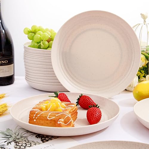 Miniatura 6 de LIYH - 20 platos de paja de trigo, platos llanos beige, platos reutilizables, aptos para microondas y lavavajillas, juego de platos irrompibles para