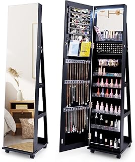 GOPLUS GOPLUS Espelho de caixa de jóias de pé com espelho de corpo inteiro, armário para jóias com fecho, luzes LED de 3 cores, armazenamento de jóias com rodas universais, organizador de jóias (preto)