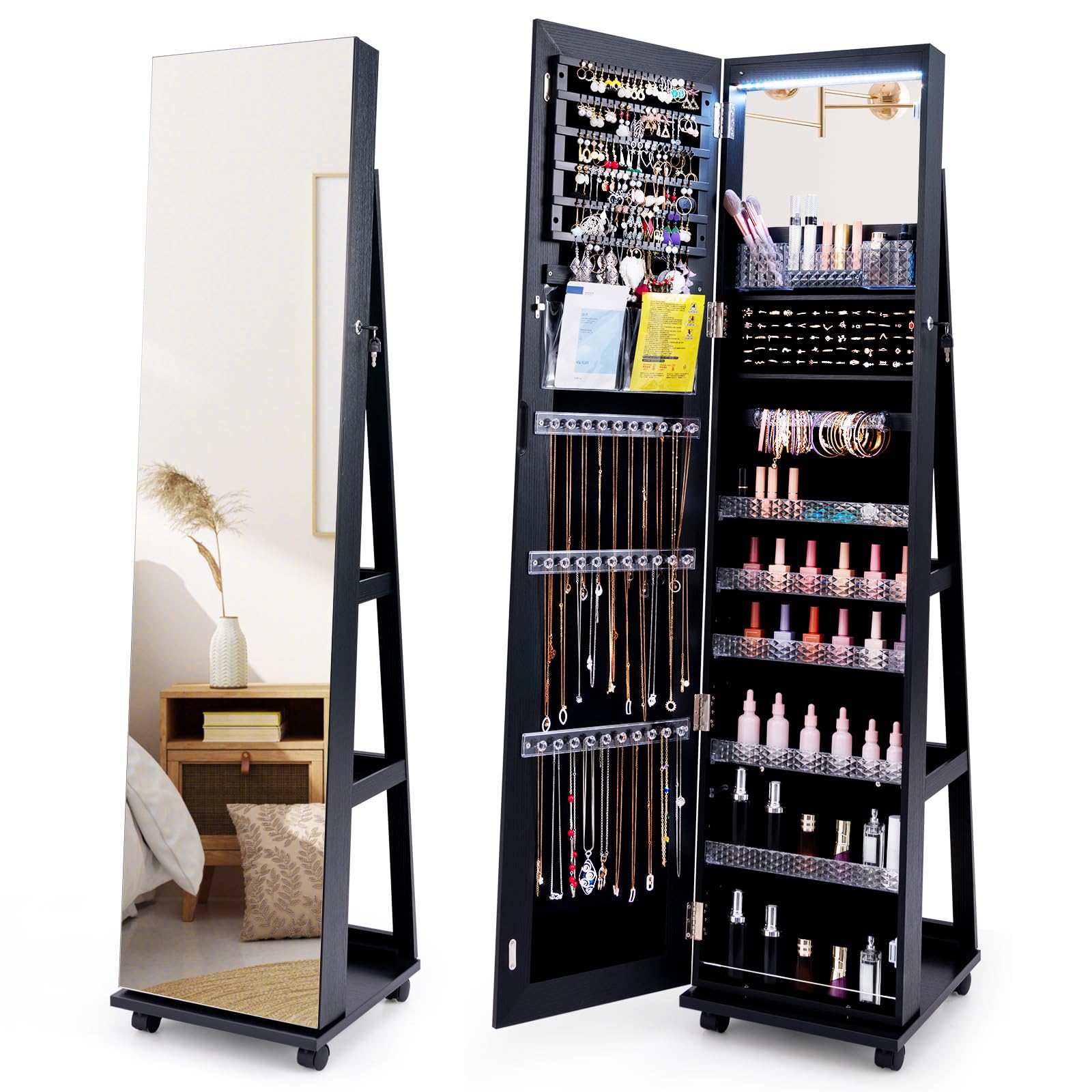Multigot LED Jewellery Cabinet, Free Standing Mobile Jewelry Armoire with Full-Length Mirror, Built-In Small Mirror and Universal Wheels, Lockable Makeup Storage Organizer for Bedroom (Black)