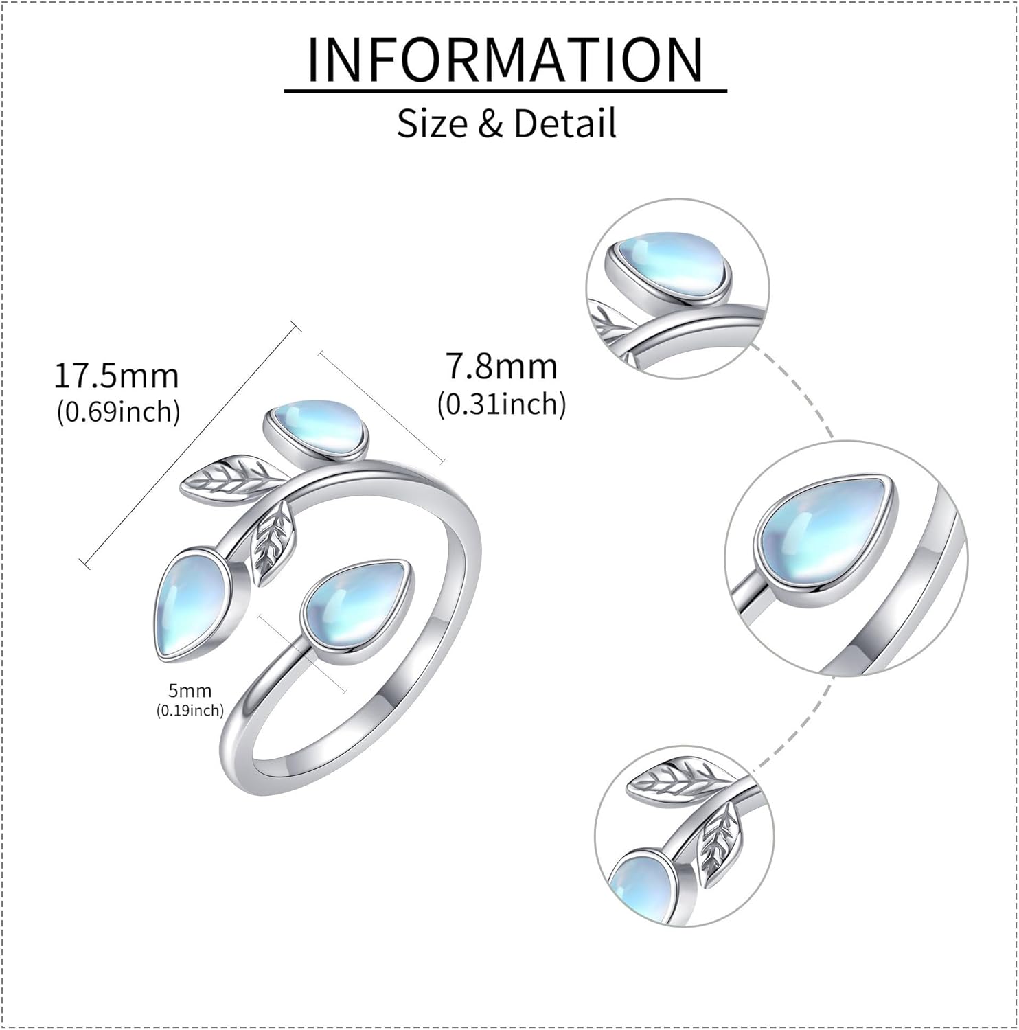 Moonstone Leaf Ring Sterling Silver Adjustable Band Moonstone Rings Boho Jewelry for Women - Image 4
