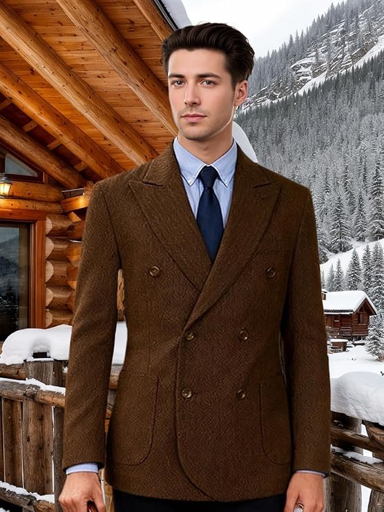 Blazer for Men Slim Fit Tweed Herringbone Sport Coat Retro Double Breasted Casual Mens Suit Jacket