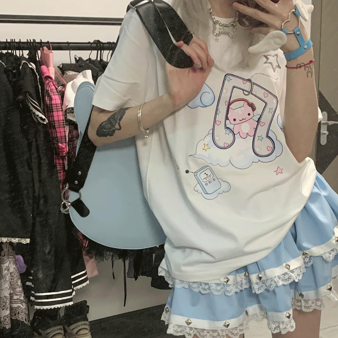 Harajuku - Camiseta estilo kawaii gótico, informal, cuello redondo, suave, dibujos animados, lindo gato, música, ángel