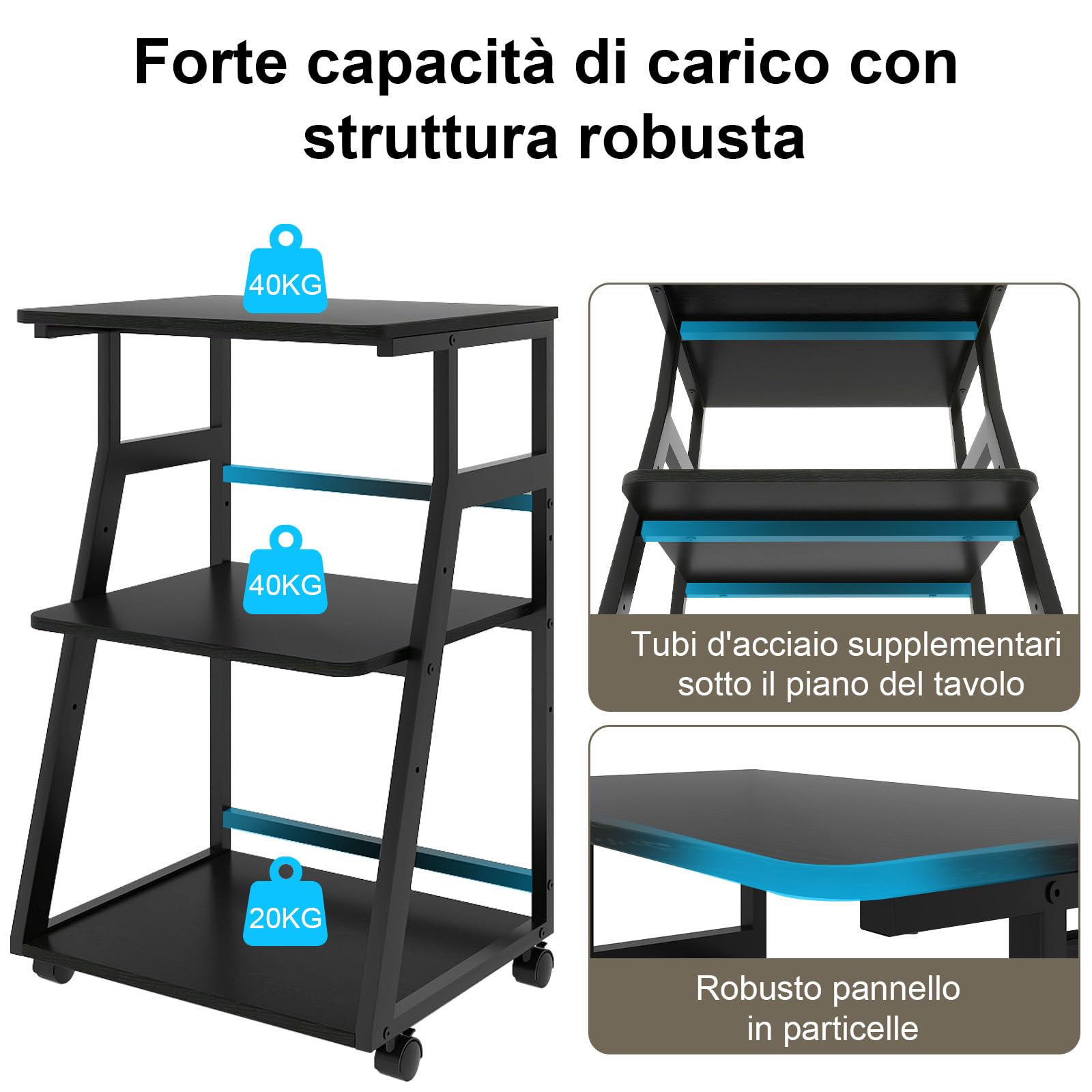 PUNCIA Supporto per Stampante a 3 Livelli 50x40x75CM Carrello Rotante con Ripiano Regolabile Scaffale per Stampante in Legno Mobile Tavolo Funzionale con Contenitore per Ufficio e Casa (Nero)