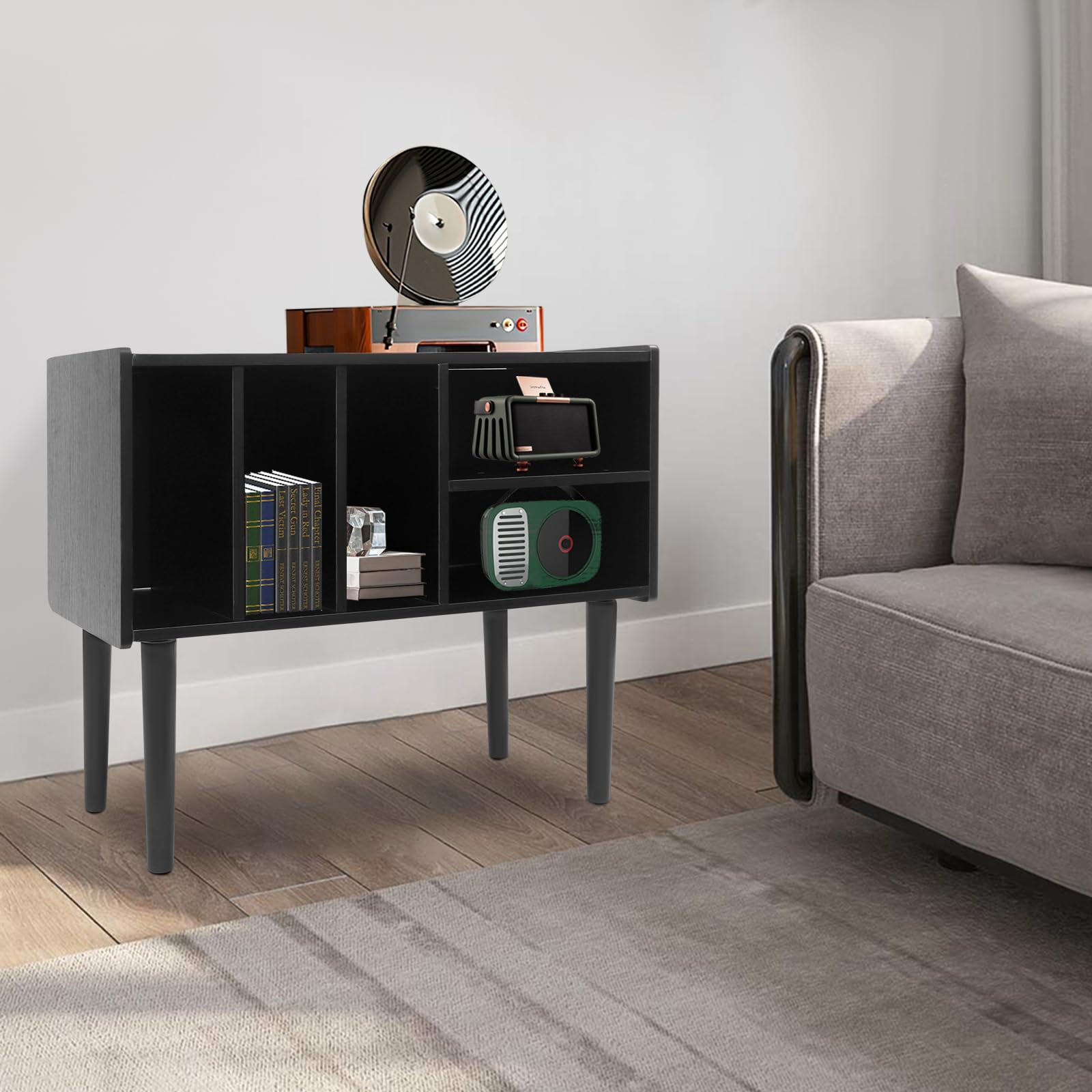 Supporto per giradischi della metà del secolo con contenitore in vinile per fino a 220+ album, Black Vinyl Holder Storage Shelf for Bedroom Living Room