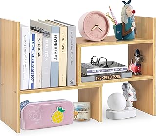 Adjustable Bookshelf Bookcase, Book Organiser for Desk, Expandable Counter Top Bookcase Desktop Display Shelf Rack, Home and Office Desk Tidy Literature Organizer Rack(Wood Color)