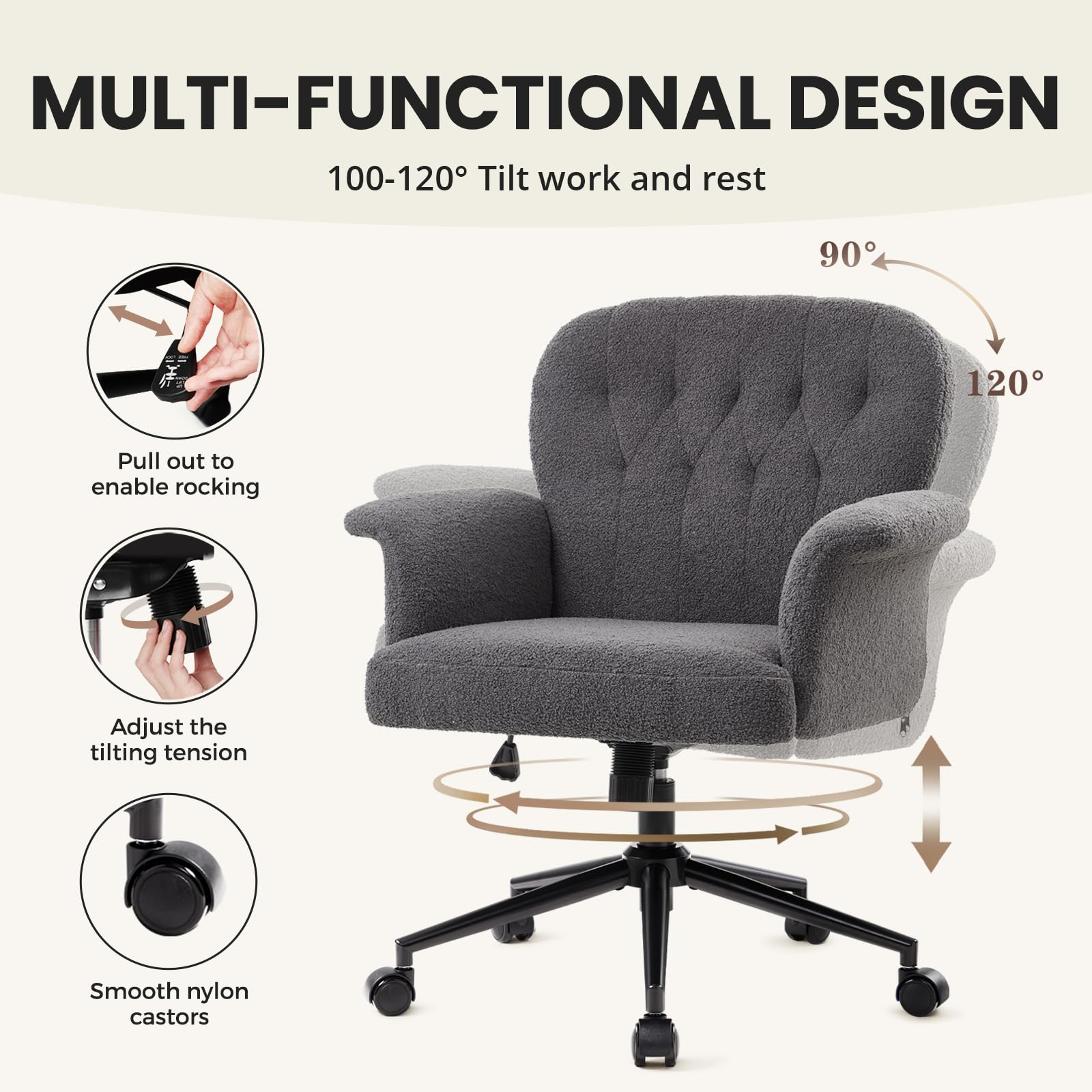 IWMH Chaise de Bureau Ergonomique Accoudoirs Velours Chaise Coiffeuse Gris