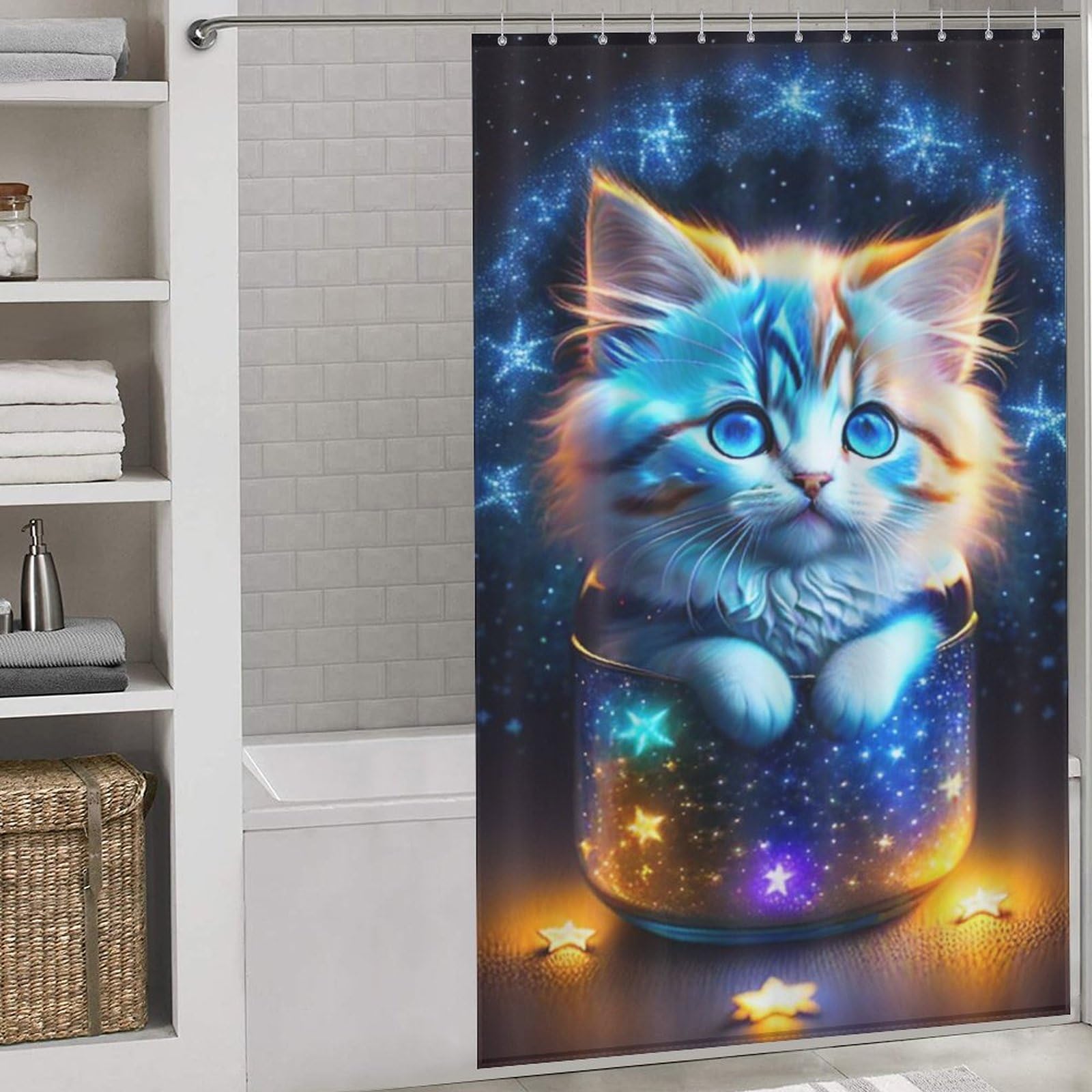 Rideau de douche imperméable et lavable motif chat mignon en polyester avec 12 crochets inclus