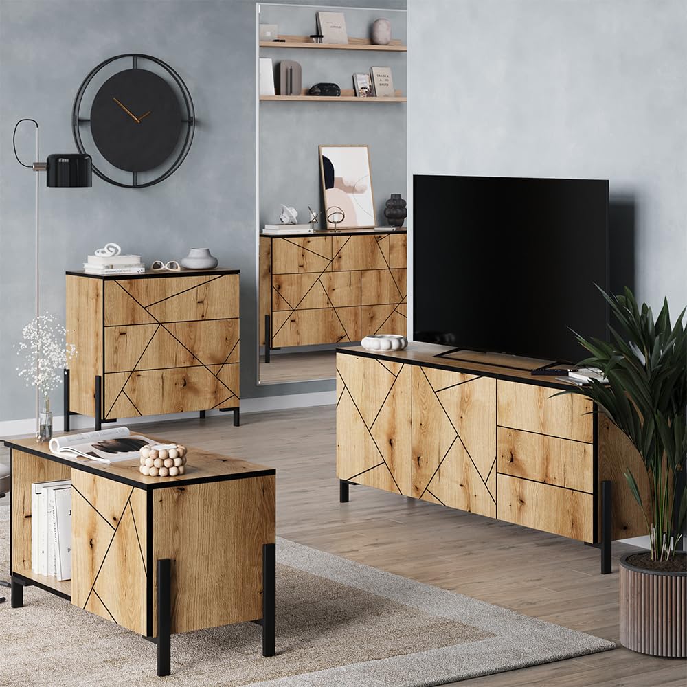Vicco Meuble TV Hatto, Chêne, 150x60cm avec Portes et tiroirs, adapté au Rangement et au Stockage dans la Chambre à Coucher