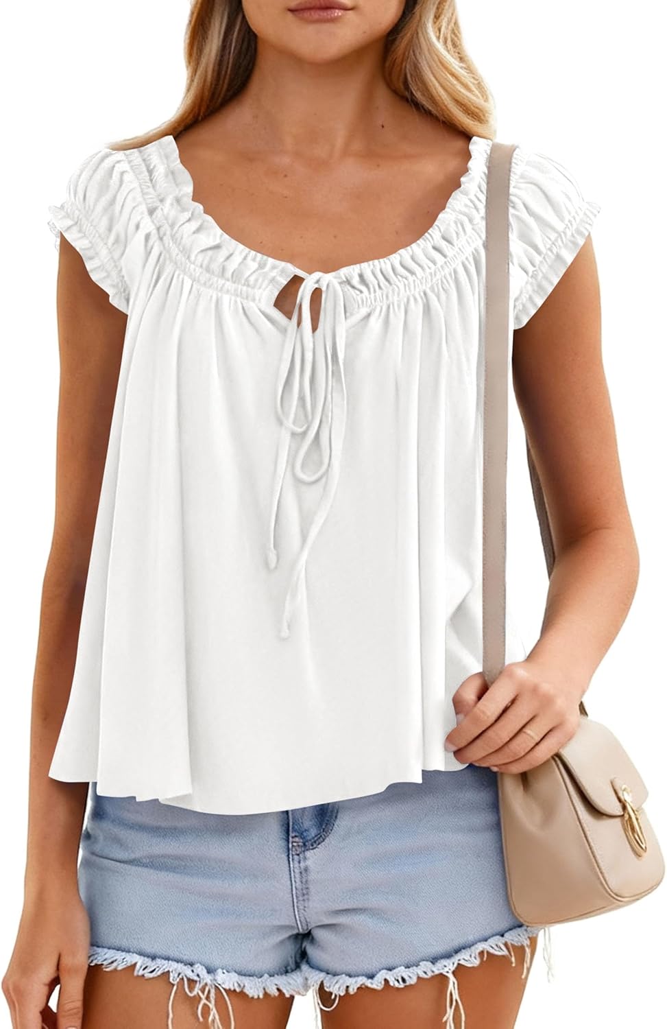 PRETTYGARDEN Women Babydoll Tops 2026 Summer Clothes Cap Sleeve Tie Front Flowy Tank Top Peplum Blouses Cute Going Out Shirts - Image 2