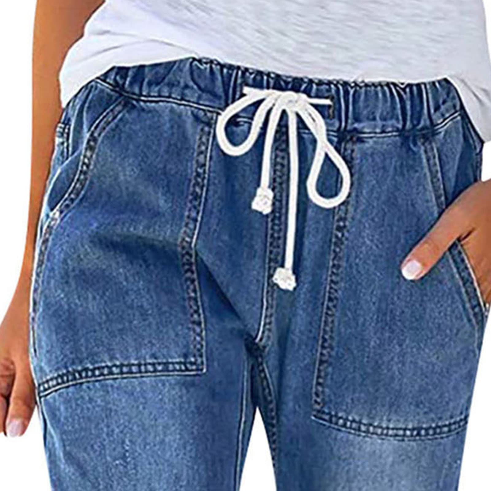 Maiyifu-GJ Women Pull On Distressed Denim Joggers Drawstring Elastic Waist Ripped Stretch Jeans Hole High Waist Stretch Pants (Dark Blue,X-Large)