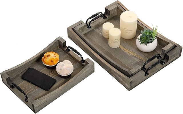 VERGOODR Country Rustic Torched Wood Nesting Breakfast Serving Trays with Handles, Set of 3 (Rock Grey)