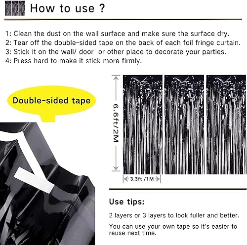 Miniatura 3 de Tayuvira 3 serpentinas negras de 33 x 66 pies cortinas de flecos de aluminio negro cortinas de flecos negras cortinas de serpentina serpentinas