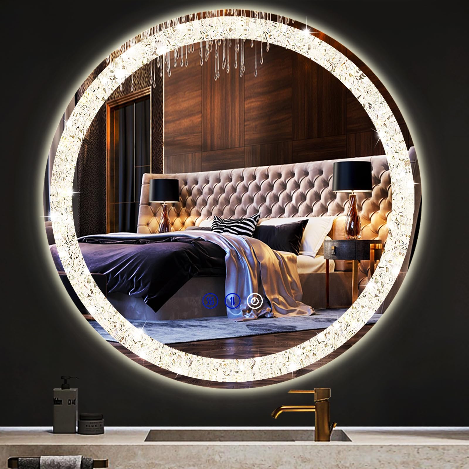 Miroir de salle de bain rond LED 76 cm avec 3 couleurs d'éclairage tactile