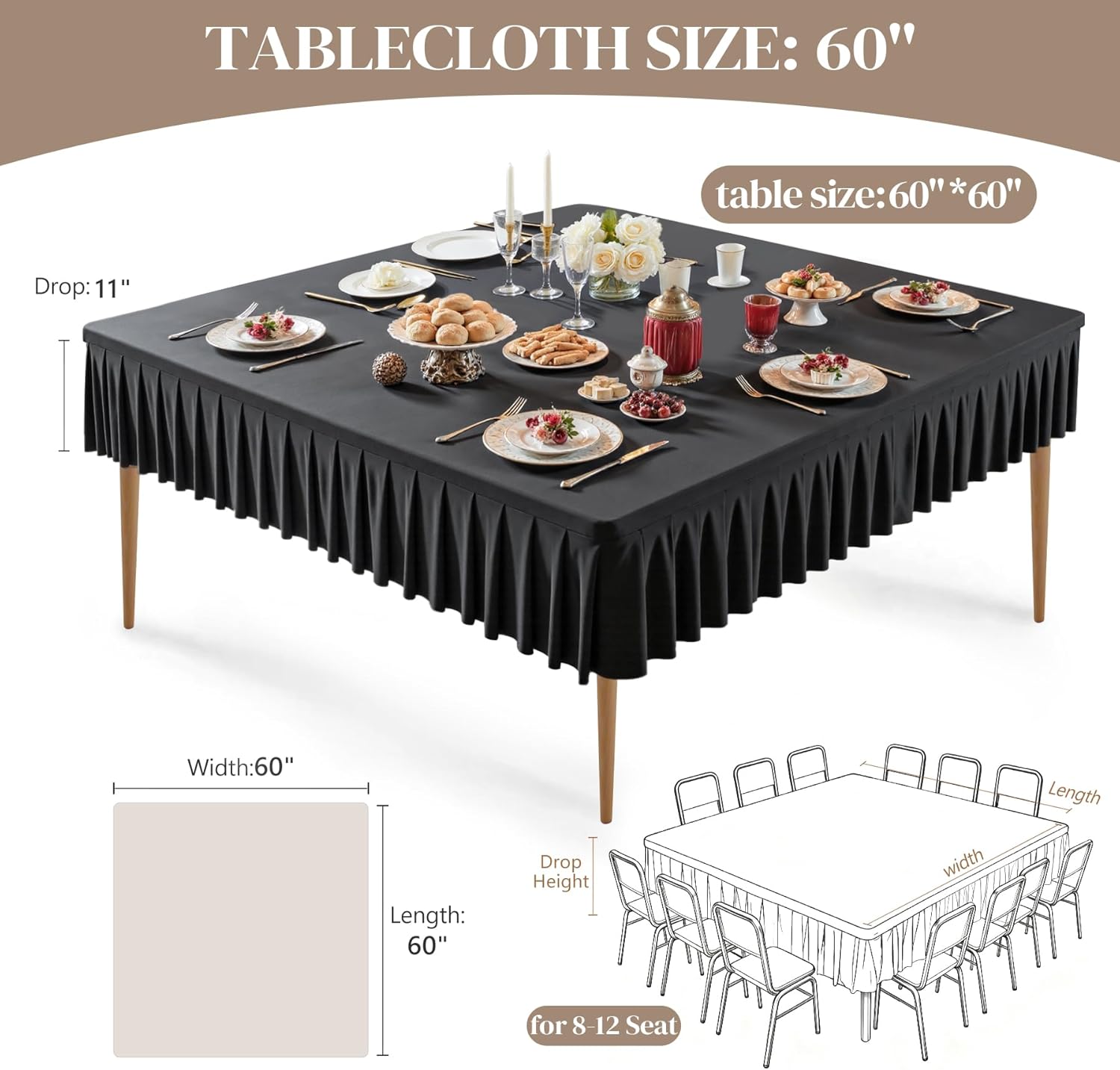 Wish Care Black Spandex Tablecloths for 60x60 Inch Square Tables, Stretch Fitted Table Clothes with Pleated Ruffle Skirt for 60” Table, Wrinkle Free and Elastic, for Party Kitchen Home Dining