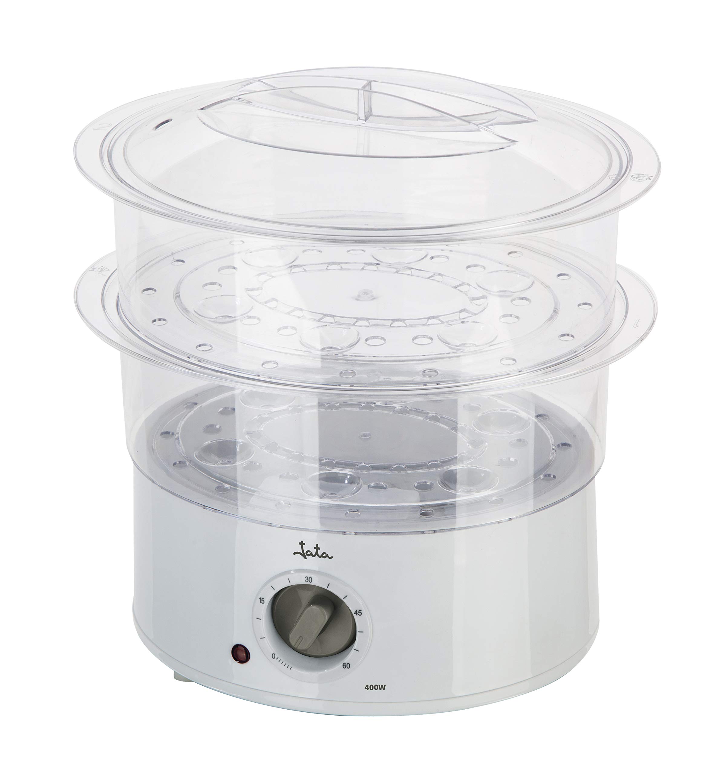 Jata CV5020 - Vaporera con 2 cestas apilables transparentes, un recipiente para arroz o salsas y rejilla para cocción de huevos. Depósito de 500ml. Temporizador de hasta 60 minutos. Cocina sana