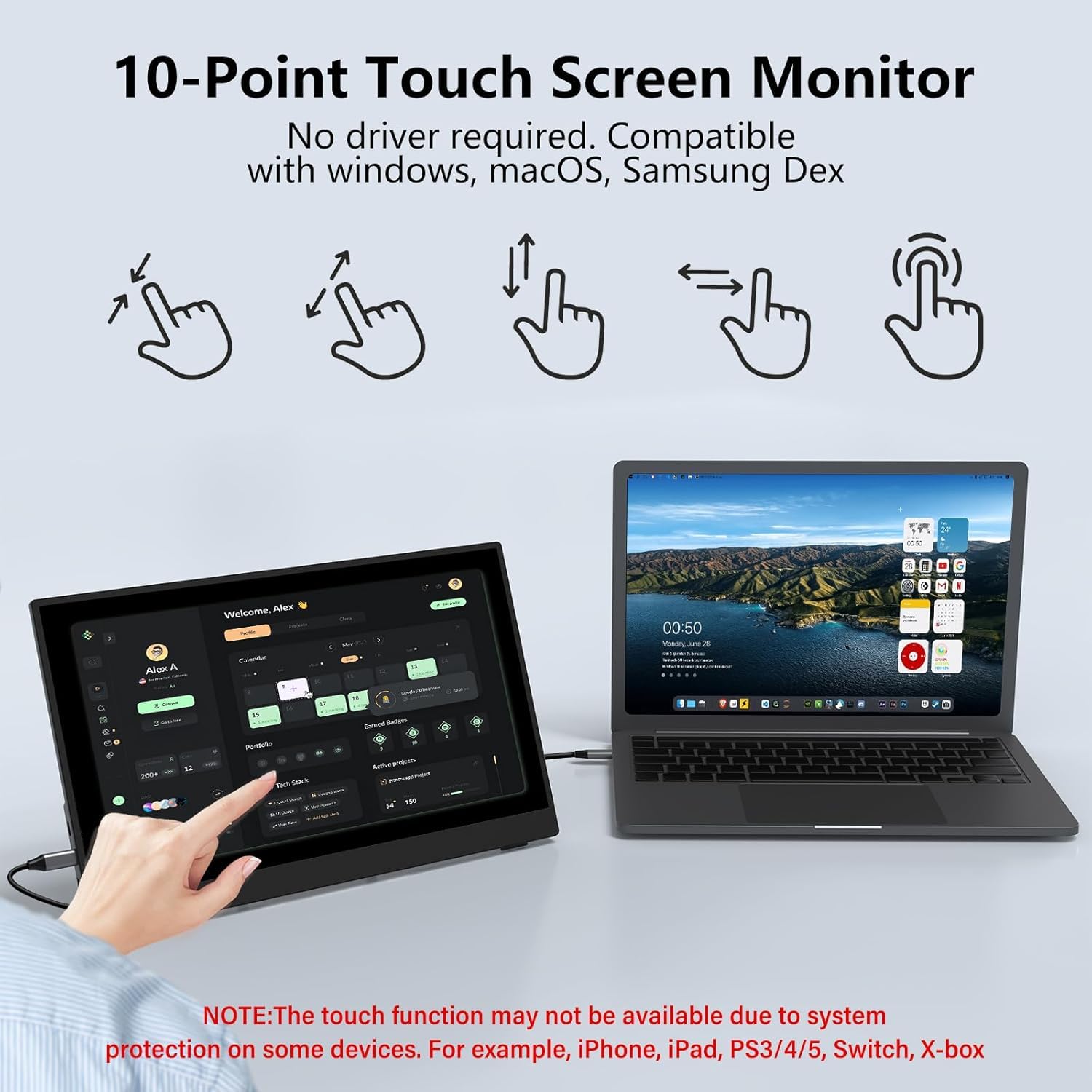 InnoView Portable Monitor Touchscreen 15.6" 1080P 10-Point Touch Screen Monitors Portable with Protective Sleeve Built-in Stand, 1200:1 HDMI USB C Travel Monitor for Laptop, PC, Mac, Phone, Switch view 3