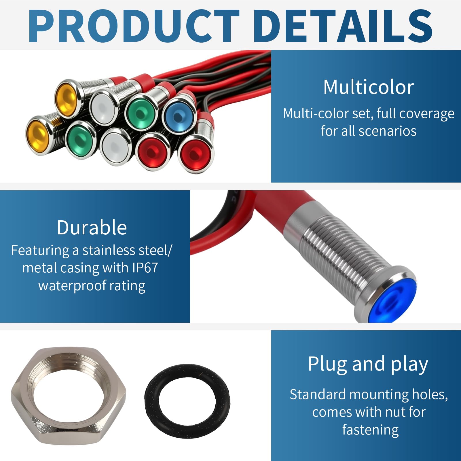 10 Stück LED-Kontrollleuchte 6 mm 12-24 V DC, Kontrollleuchte Metall-Panel, 1/4 Zoll, wasserdicht, Signalisierung, mehrfarbig, rot, gelb, blau, grün, weiß, für Auto, Motorrad, Boot, LKW, Steuerpult