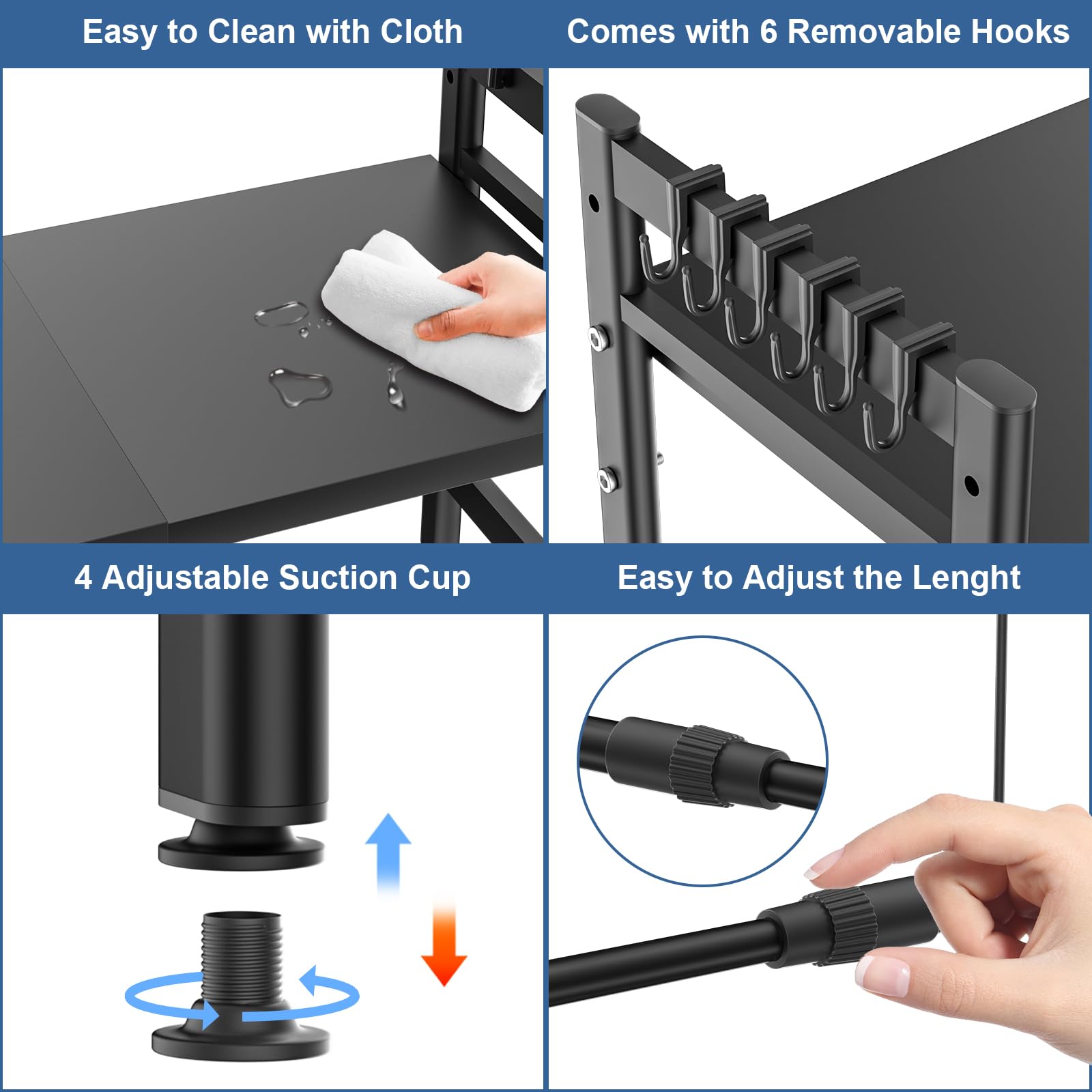 Mensola Microonde Scaffale da Cucina, Ripiani per Microonde con 6 Ganci, Estensibile Porta Microonde,Supporto Microonde (Nero)