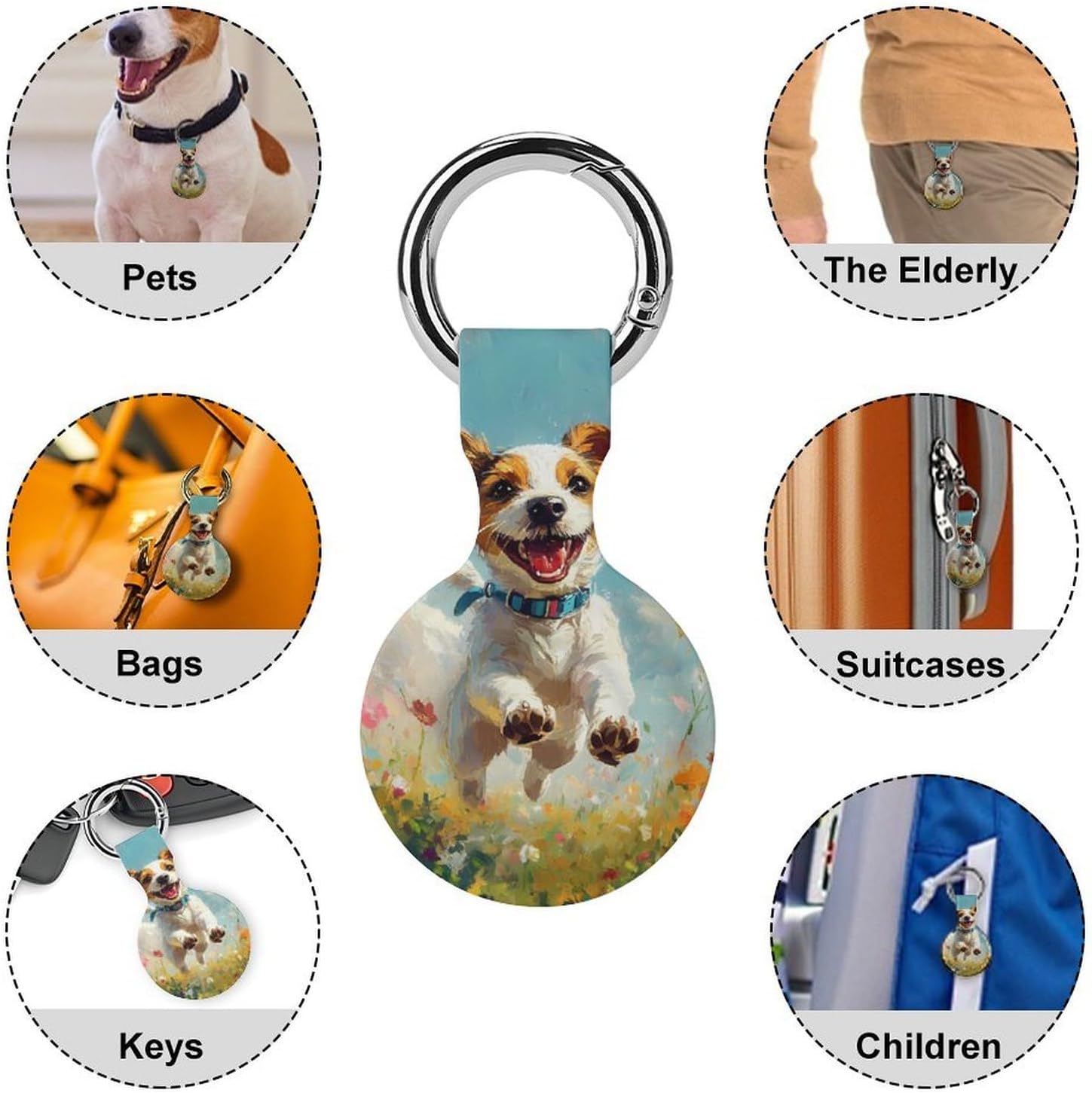 Happy Jack Russell Terrier Dog Running Case Compatible with AirTag Holder Cover with Keychain Ring for Bags Luggages