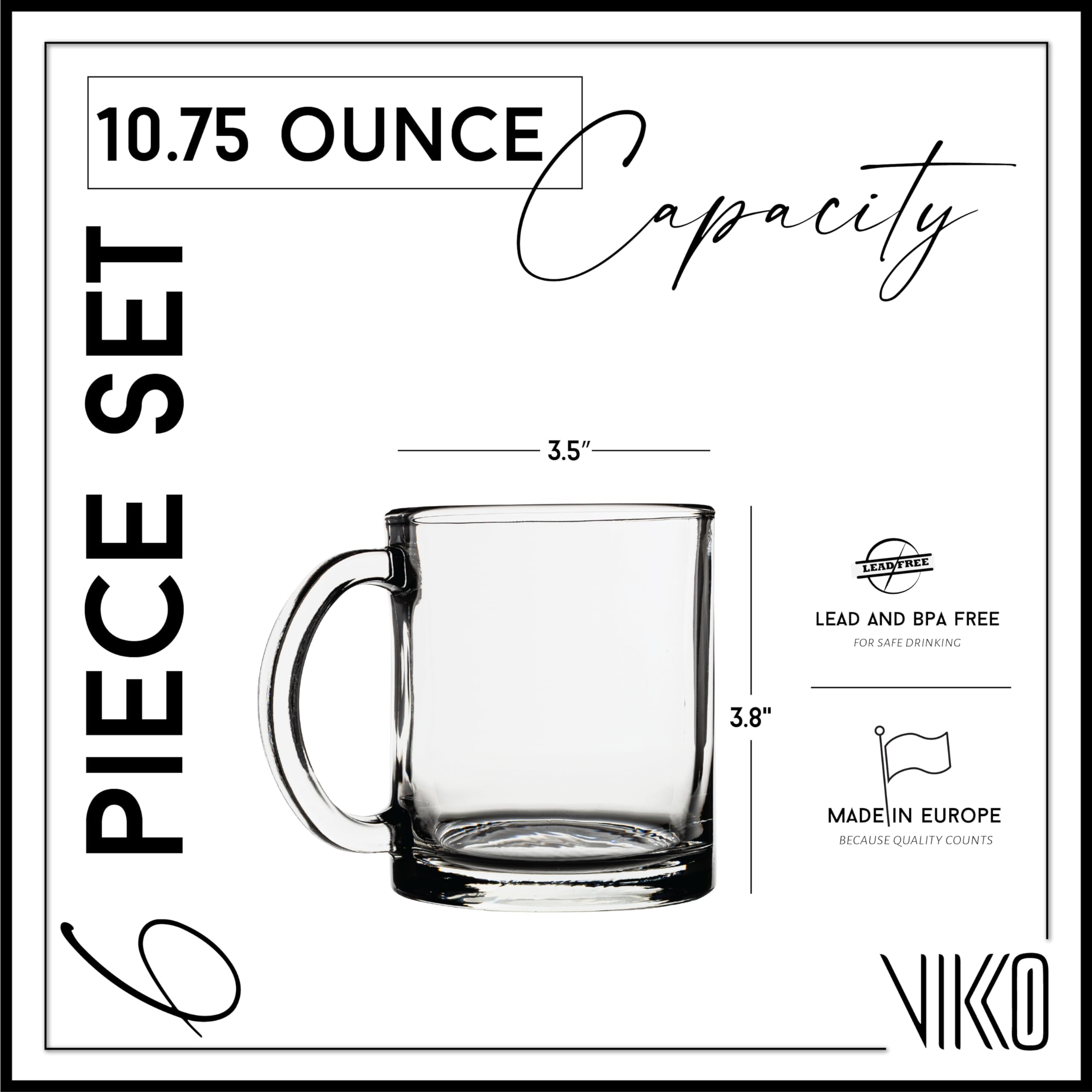 Vikko Taza de café transparente, tazas de café de vidrio transparente de 10.5 onzas, taza de vidrio transparente para bebidas calientes, taza de vidrio de café, tazas transparentes para café con asas,