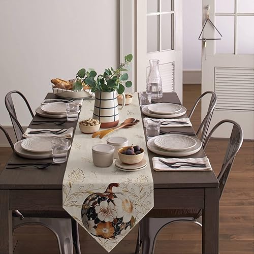 Miniatura 3 de Camino de mesa de Acción de Gracias, textura de calabaza, flor de lino, bufanda de lino con hojas doradas, cocina, comedor, hogar, granja,