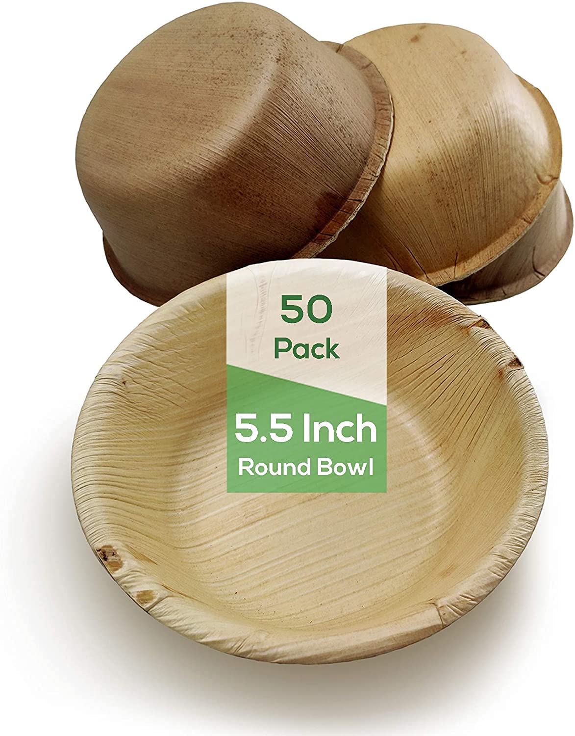 DtocsPalm Leaf Bowl Set 5.5 Inch Round (Pack 50) | Eco-friendly, Compostable, Organic, Biodegradable Disposable Soup/Cereal Bowl Dinnerware for Wedding, Camping, Parties | Wooden, Bamboo Look