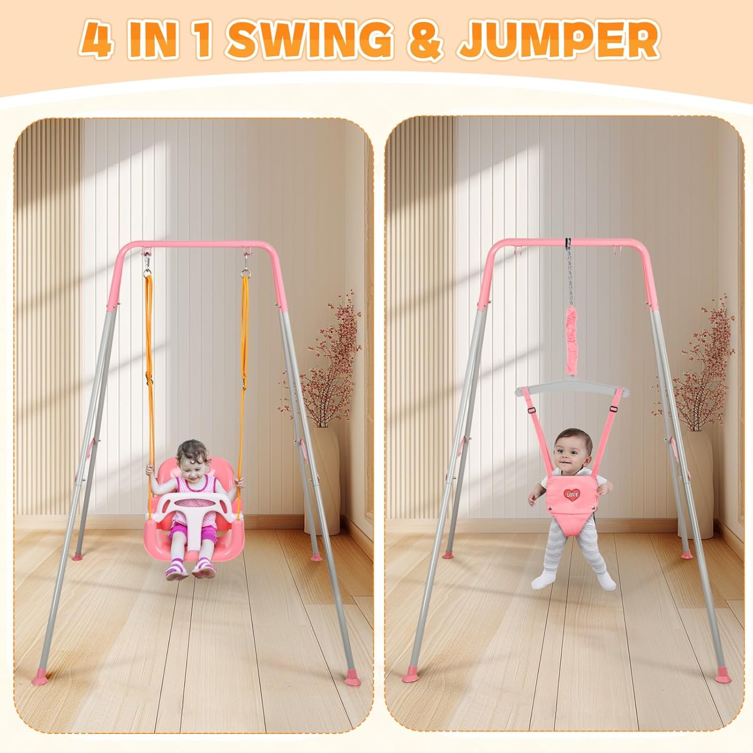 4-in-1 Toddler Swing Set & Baby Jumper and Bouncer for Toddlers, Foldable Baby Swing Stand for Outdoor Indoor Play, Easy to Assemble and Store for Ages 6 Months to 10 Years Old(Pink)