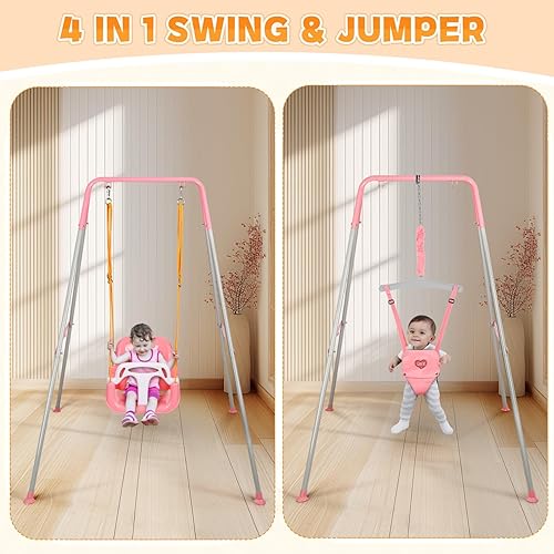 Miniatura 2 de Juego de columpios 4 en 1 para niños pequeños con jersey de bebé, soporte plegable para columpio para bebé para jugar al aire libre e interior,