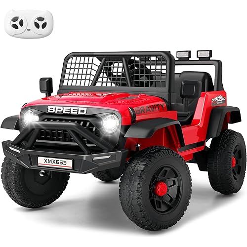 Hikole 24V Ride on Car with Remote Control, Power Car Wheels for Kids, Music Player, Shock Absorption, LED Lights, 3 Speeds, Safety Belt, Electric Car for Girls Boys, Red