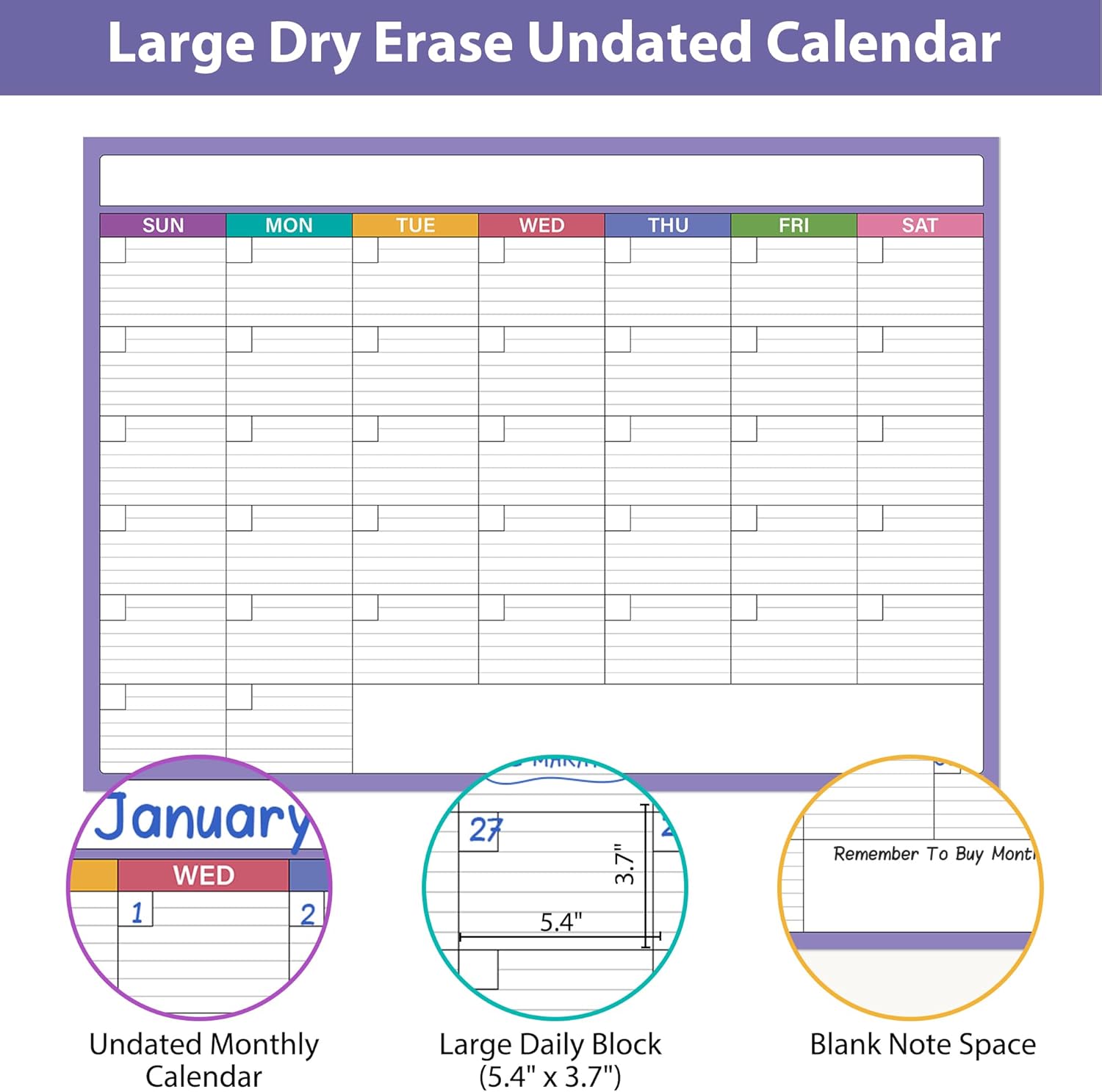 Large Dry Erase Calendar for Wall - 39.9" x 27.7", Extra Large Erasable & Reusable Laminated Calendar, Undated 1 Month Wall Calendar, 10 Round Stickers thumbnail