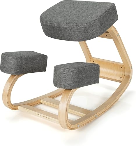 Miniatura 9 de Giantex Silla arrodillada, silla de postura de madera, carga máxima de 330 libras, mecedora con cojín suave, alivio natural para dolor de espalda,