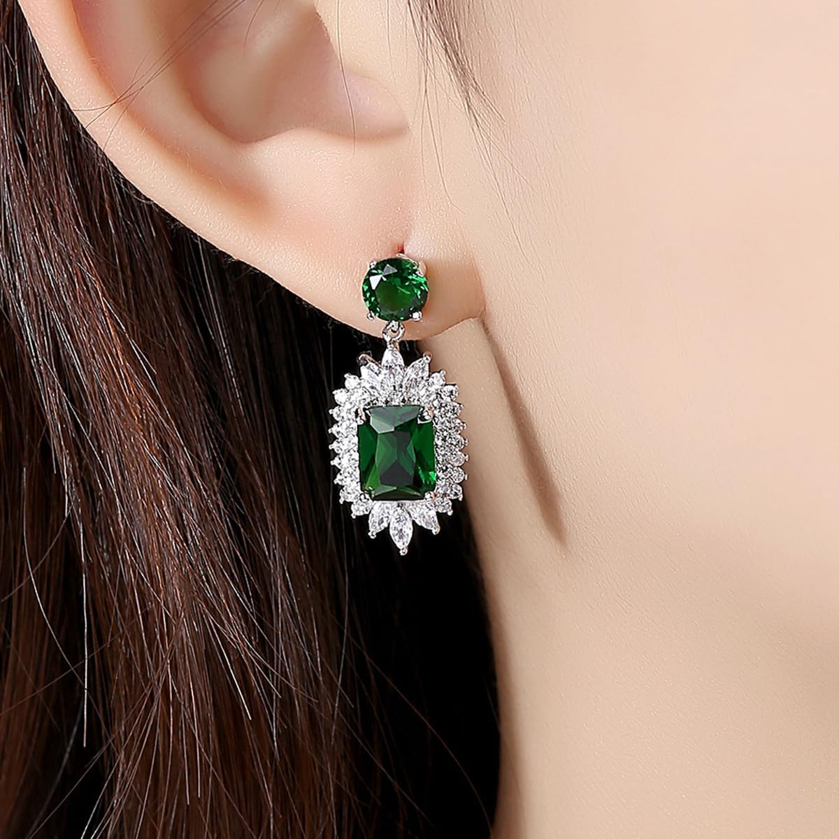 Emerald Bezel Moissanite Earrings, 14K Gold Drop Dangle Earrings for Women, Simple Yet Elegant Bridal Accessory - Image 3