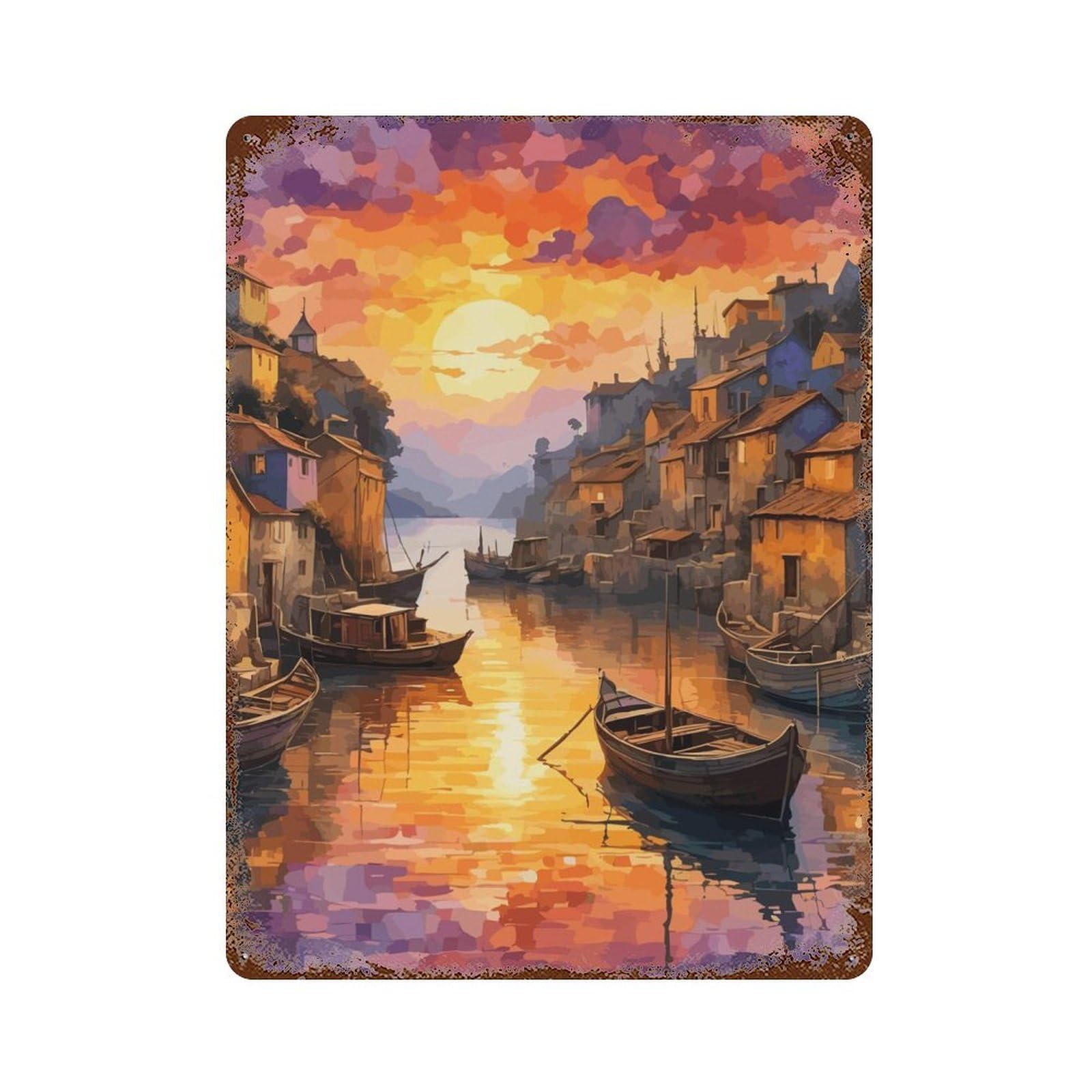 A Tiny Fishing Town 15.7"x11.8" Vintage Rust Metal Sign, Shabby Chic Decor for Garage, Bar And Workshop Decor