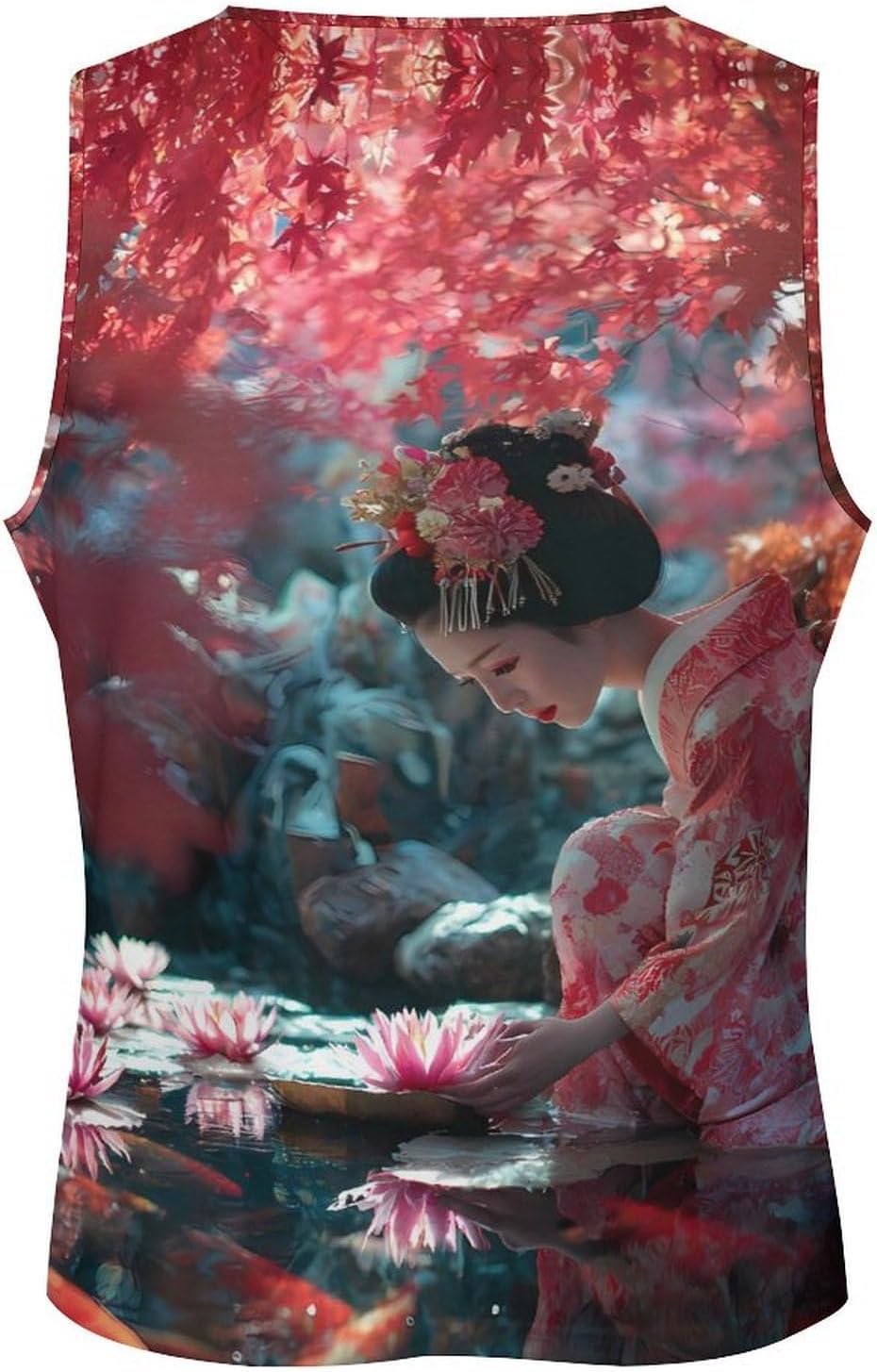 Geisha Feeding Japan Fish Men's Tank Tops Sleeveless Muscle T-Shirt | Print,Muscle Shirt,for Athletic Running Gym,Workout Shirts,Tee Shirts